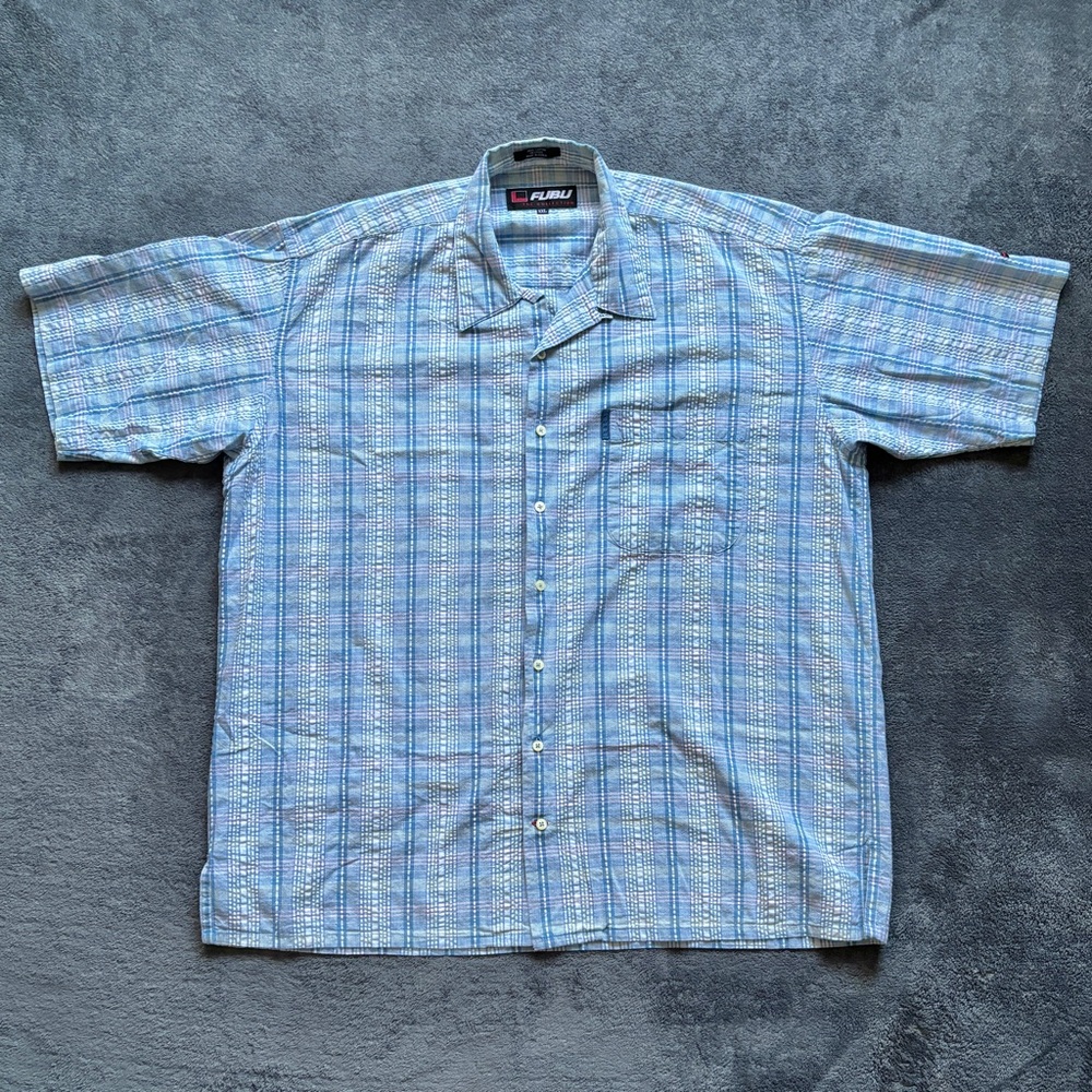 Vtg Y2K FUBU Mens Plaid Collared Shirt 2XL Blue White Pink Button Short Sleeve